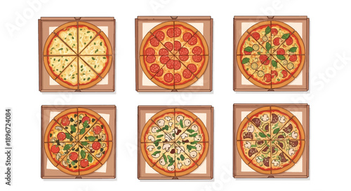 Assorted Pizza Set in Boxes for Takeaway and Delivery Vector Illustration
