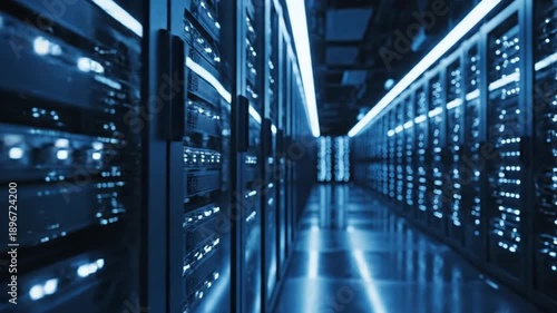 Wallpaper Mural A perspective shot of a server room, with rows of server racks, lit by a blue light. The lights gleam Torontodigital.ca