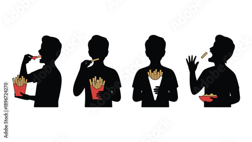 People eating french fries silhouettes in a casual graphic style with black and white contrast for fast food advertising.