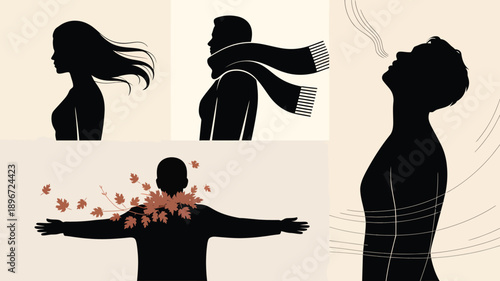 Dynamic Silhouettes Experiencing Wind and Autumn in Minimalist Graphic Illustration for Seasonal and Sensory Concepts.