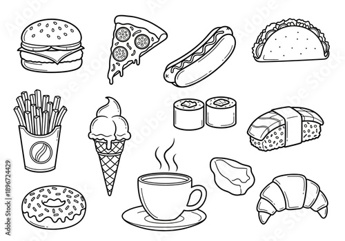 Black and white line art drawing of various popular food items on a white background