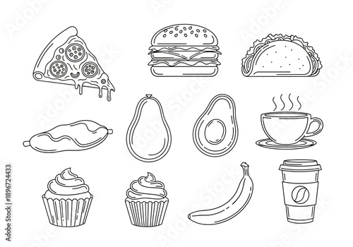 Black and white line art icons of various foods and drinks arranged in three rows