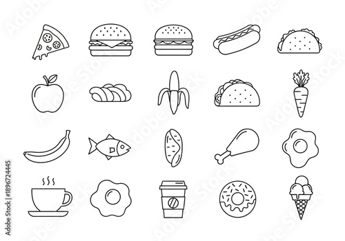 A grid of black and white line art icons representing various foods and drinks
