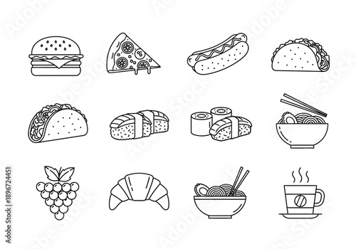 Black and white line art icons featuring various foods including burger pizza hotdog sushi noodles grapes croissant and coffee