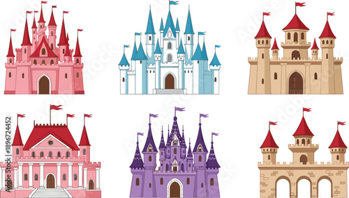 Set of colorful cartoon fantasy castles and medieval fortresses with flags and towers isolated on grey background for games and children illustration