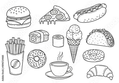 Black and white line art illustration featuring various fast food and snack items