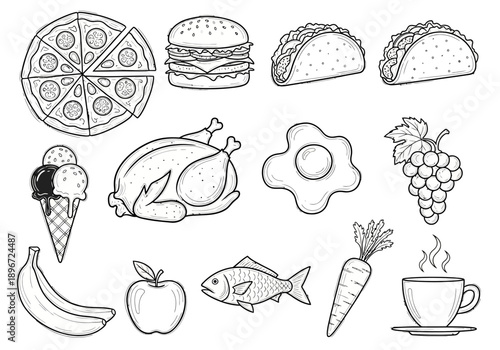 Black and white line drawings of various food items including pizza taco burger fruit and cooked meats