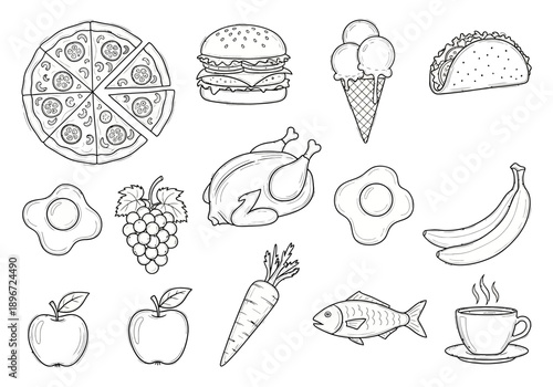 Black and white line drawings of various food items arranged on a white background