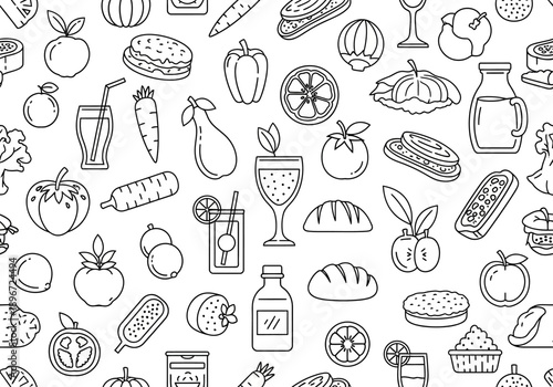 Black and white outline pattern of various fruits vegetables drinks and baked goods