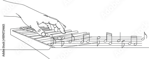Continuous One Line Drawing of Hand Playing Piano Keyboard with Musical Notes for Music Lessons Concert Performance Minimalist Vector Illustration for Creative Jazz Design