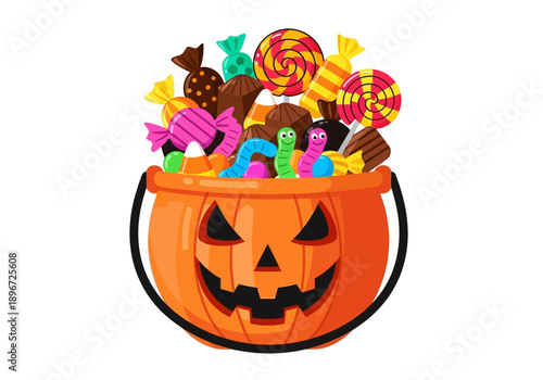 A vibrant Halloween pumpkin bucket filled with assorted sweets and candies viewed from the front