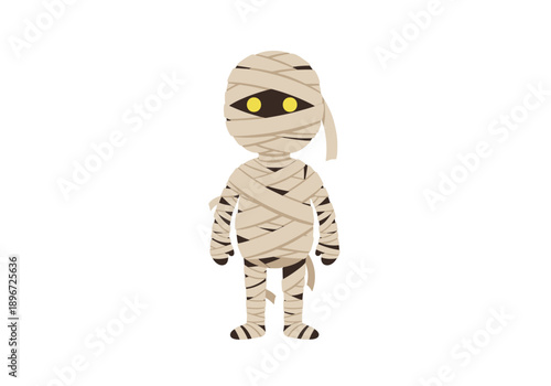 A cartoon mummy character with yellow eyes is standing against a plain white background