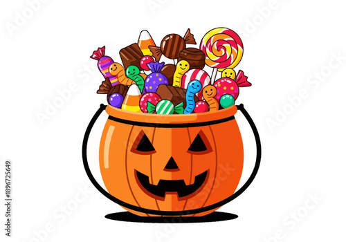 A vibrant illustration of a jack-o-lantern bucket filled with assorted candies and sweets, viewed from the front.
