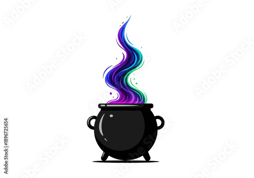 A black cauldron emitting colorful swirling smoke on a white background from a front viewpoint