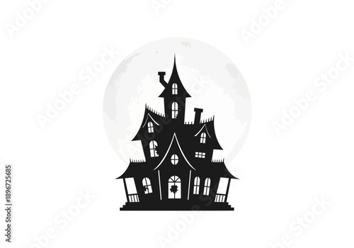 Spooky house illustration with towers and moon in the background viewed from the front