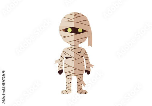 An illustrated cartoon mummy character standing alone against a plain white background from a frontal viewpoint