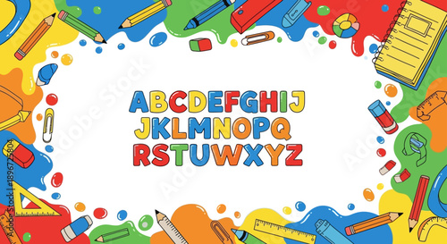 vibrant school supplies border frames the english alphabet on white ideal for early education back to school and kids learning content.