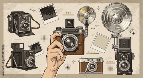 vintage photography retro film cameras hand holding classic camera illustrating history and creative hobby themes nostalgically.