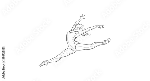 a dynamic line art illustration of a graceful female dancer performing a split leap in mid-air showcasing athletic movement and elegance