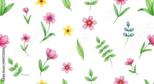 watercolor floral seamless pattern with scattered pink yellow blue flowers green leaves on white good for spring textile and invitations