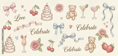 Celebration Collection of Decorative Elements: Delightful illustration of festive elements, featuring ribbons, desserts, and cocktails, perfect for joyful and celebratory projects.