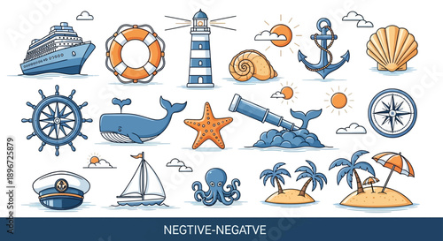 a vibrant collection of cartoon nautical travel vector icons featuring sea creatures beach vacation elements and maritime symbols on a clean background perfect for summer designs and ocean adventures