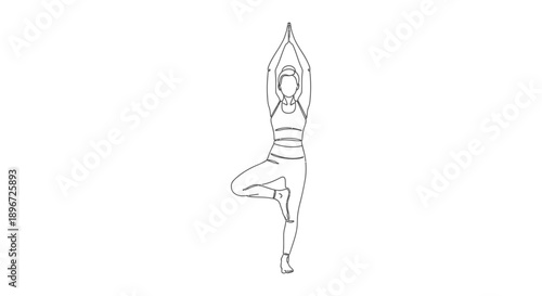 a minimalist line art drawing of a woman practicing tree pose in yoga embodying balance mindfulness and core strength for fitness and wellness.