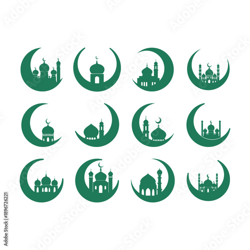 A collection of Islamic-themed Ramadan icons. Illustrations of mosques and crescent moons in a minimal, flat vector style. 