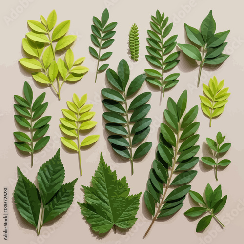 A vibrant collection of various green leaves on a beige background, showcasing different shapes and shades of foliage in a visually appealing arrangement.