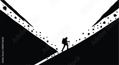 Lone hiker ascends steep mountain slope amidst falling debris, showcasing determination and the challenges of nature