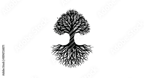 Elegant symmetrical tree icon with intricate roots and branches symbolizing life, balance, and growth, perfect for nature-themed graphic designs and branding