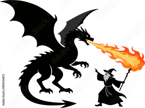 Black Silhouette of Wizard Taming Fire-Breathing Dragon with Staff, Fantasy Vector Scene