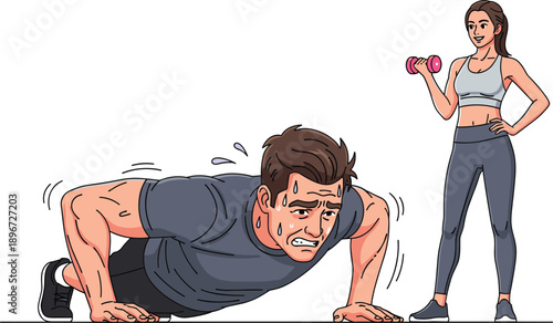 Funny Fitness Concept with Struggling Man Doing Pushups and Calm Woman Lifting Dumbbell Vector