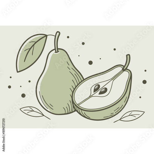 Green pears illustration with leaves and halved fruit on cream background