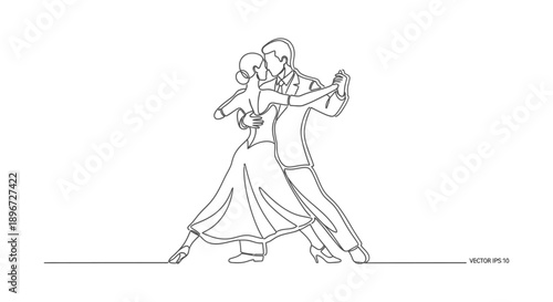 continuous line art of an elegant couple dancing ballroom tango illustrating romance and passion perfect for dance studio branding and event design.