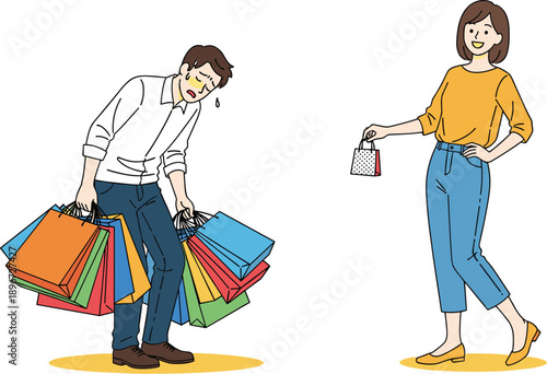 Funny Shopping Concept with Exhausted Man Carrying Heavy Bags and Happy Woman Vector