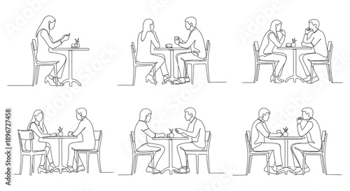 continuous line drawing of people at cafe tables talking contemplating and on phones illustrating diverse social interactions.