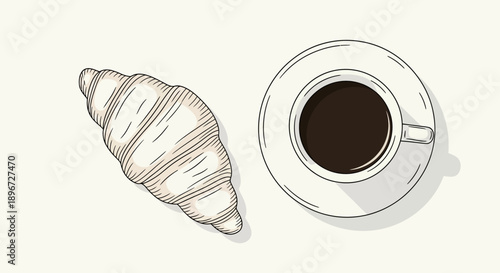 minimalist top-down illustration of a fresh croissant and a dark coffee cup perfect for breakfast cafe menus and morning blog posts