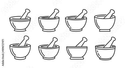 Collection of Mortar and Pestle Sets Line Icons for Pharmacy and Cooking on Isolated White Background