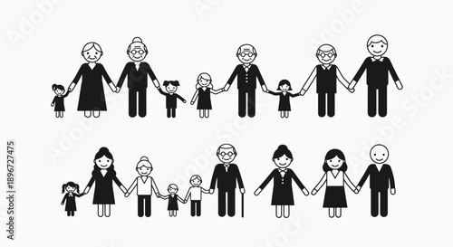 multi generational family stick figures holding hands illustrating diverse age groups unity support and lineage across generations.