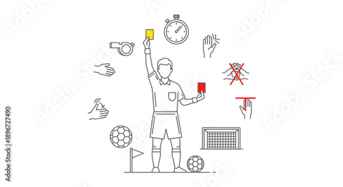 Soccer Football Referee Holding Red and Yellow Cards with Whistle and Ball on Isolated White Background