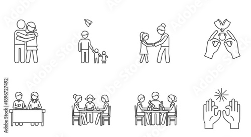 outline vector illustrations of diverse people icons depicting family relationships social interactions and community well-being concepts
