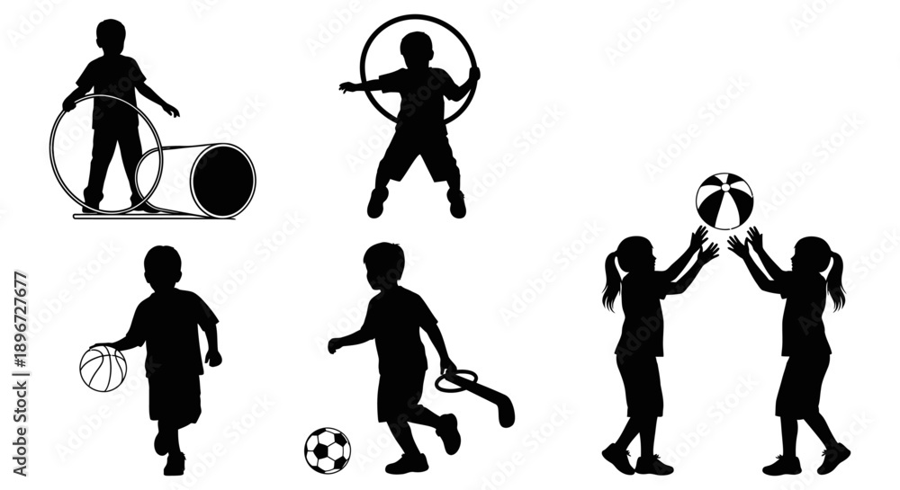 Obraz premium silhouettes of children playing various sports with basketballs soccer balls and hula hoops illustrating active childhood recreation.