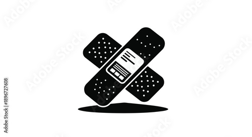Stylized black and white graphic icon illustrating two crossed adhesive bandages, universally representing first aid, wound care, healing, and medical support