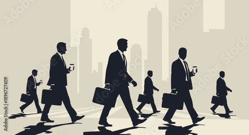 silhouettes of businessmen walking with briefcases and coffee cups on a city street depicting the corporate commute and urban professional life.