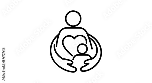 Outline icon of a loving parent embracing a child in a heart shape on isolated white background