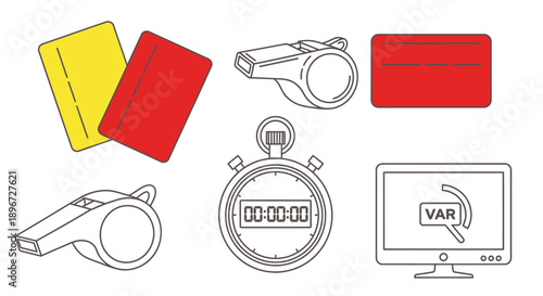 Collection of football referee equipment and VAR elements in outline on isolated white background