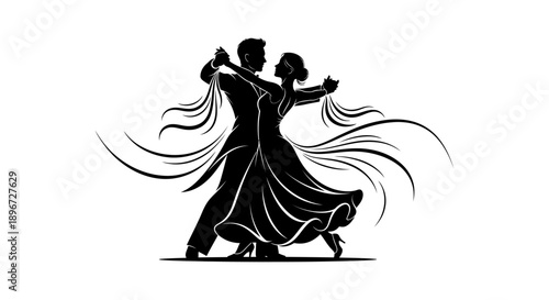 silhouette of ballroom dancers gracefully performing an elegant routine with flowing lines symbolizing passion movement and artistic romance.