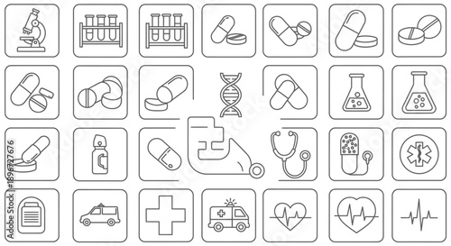 Extensive grid collection of outline medical, healthcare, and laboratory icons, covering diagnostics, treatment, and scientific research, on an isolated white background.