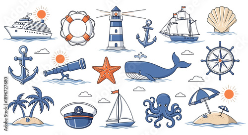 nautical marine pattern with cartoon ships anchors whales lighthouses ideal for summer kids designs and travel.